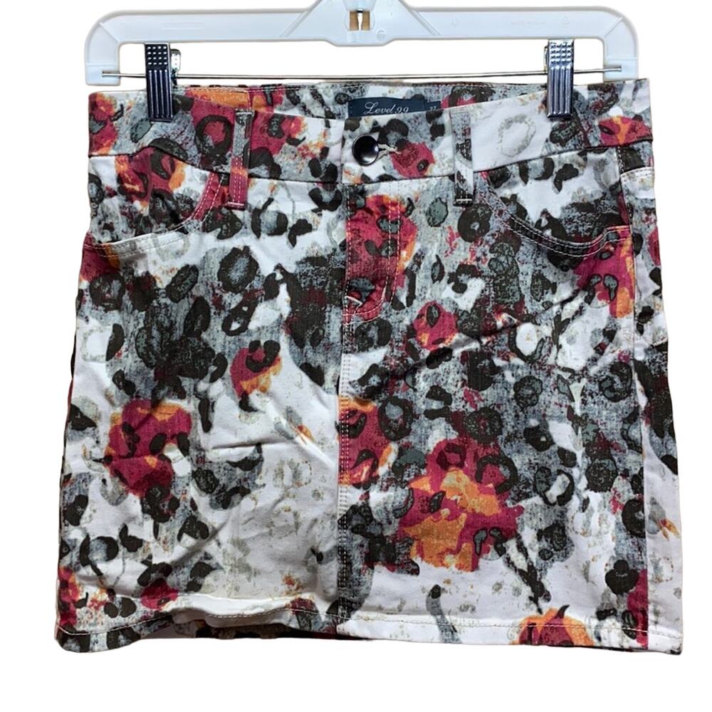 Level 99 Floral Cheetah Print Jean Mini Skirt 27